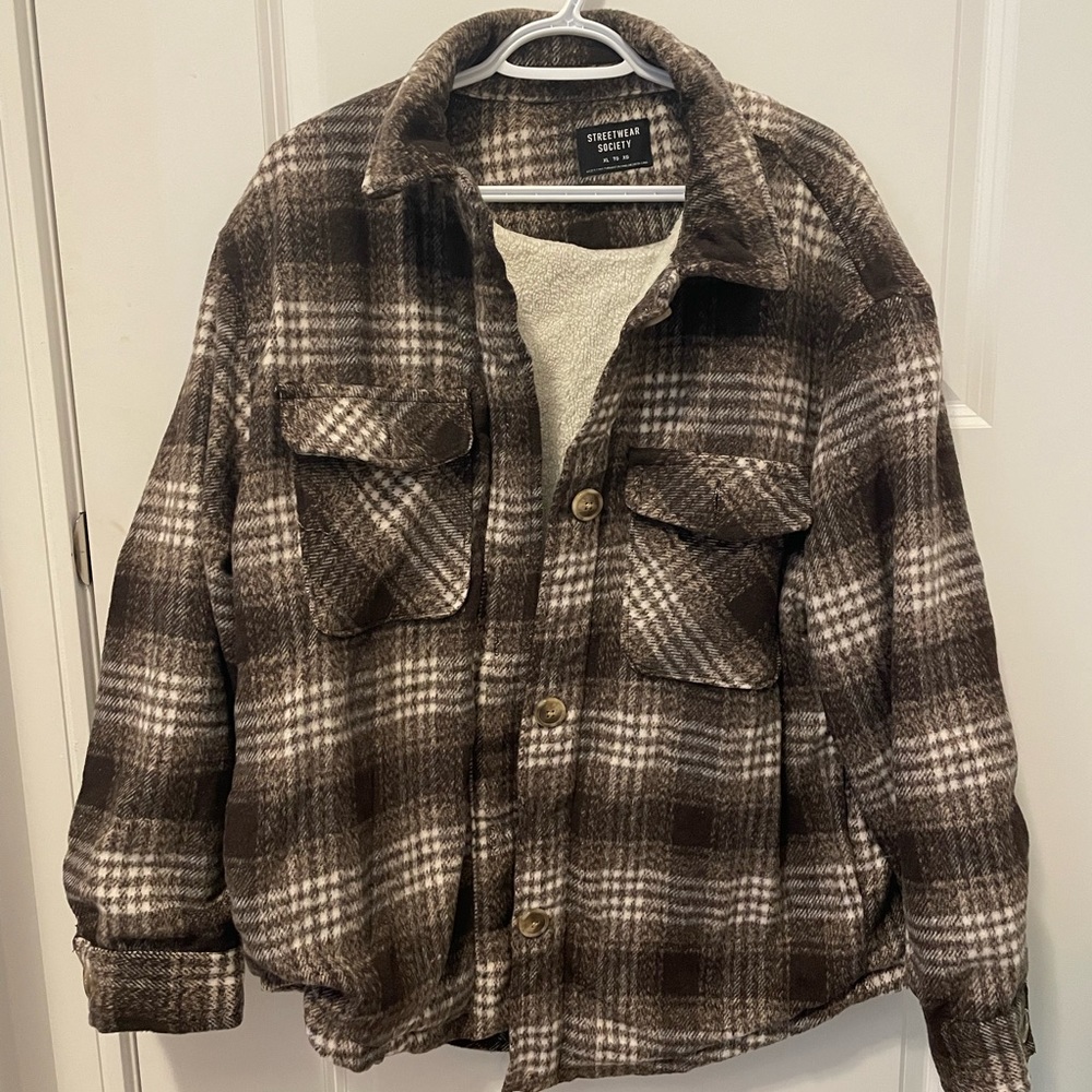 Brown Plaid Sherpa Lined Shirt Jacket